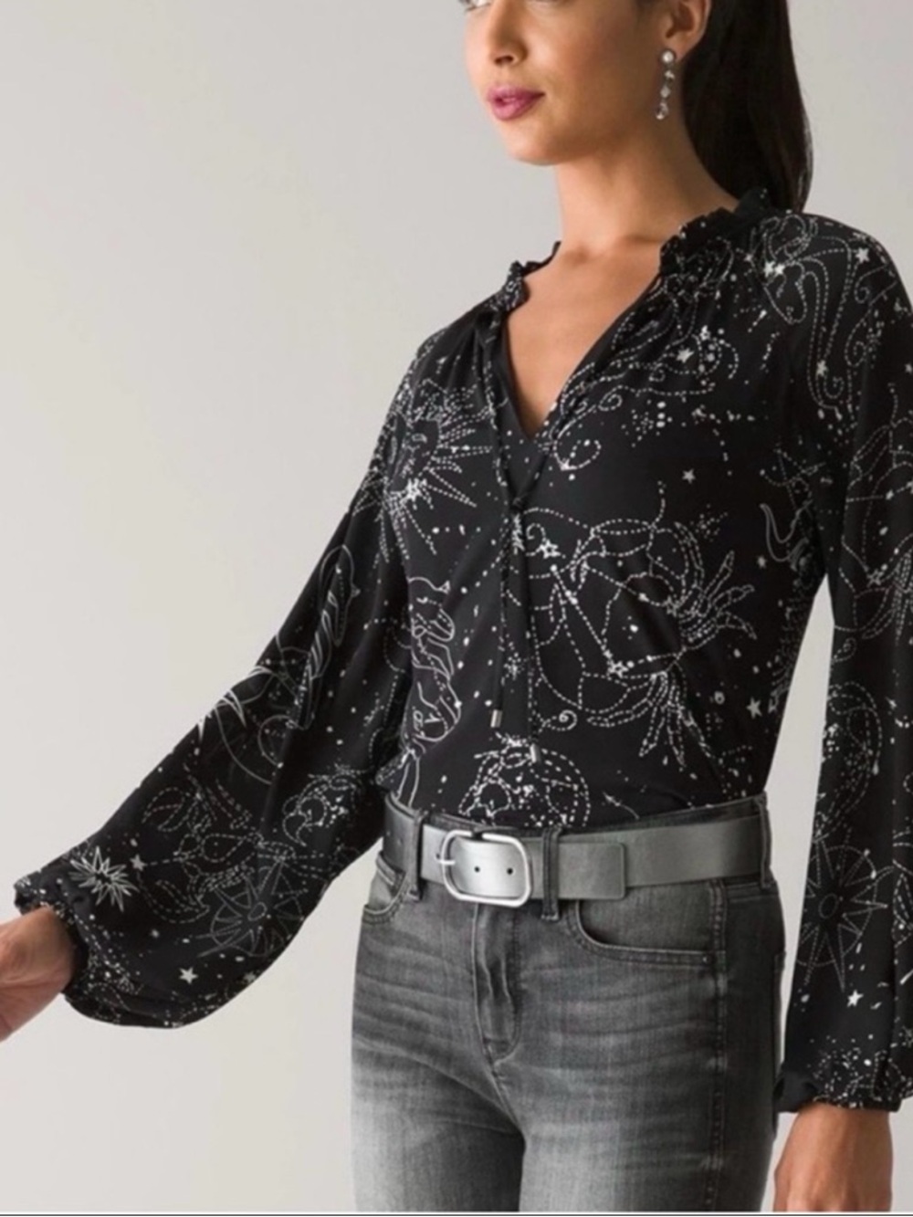White House Black Market Black Constellation Tie-Neck Blouse